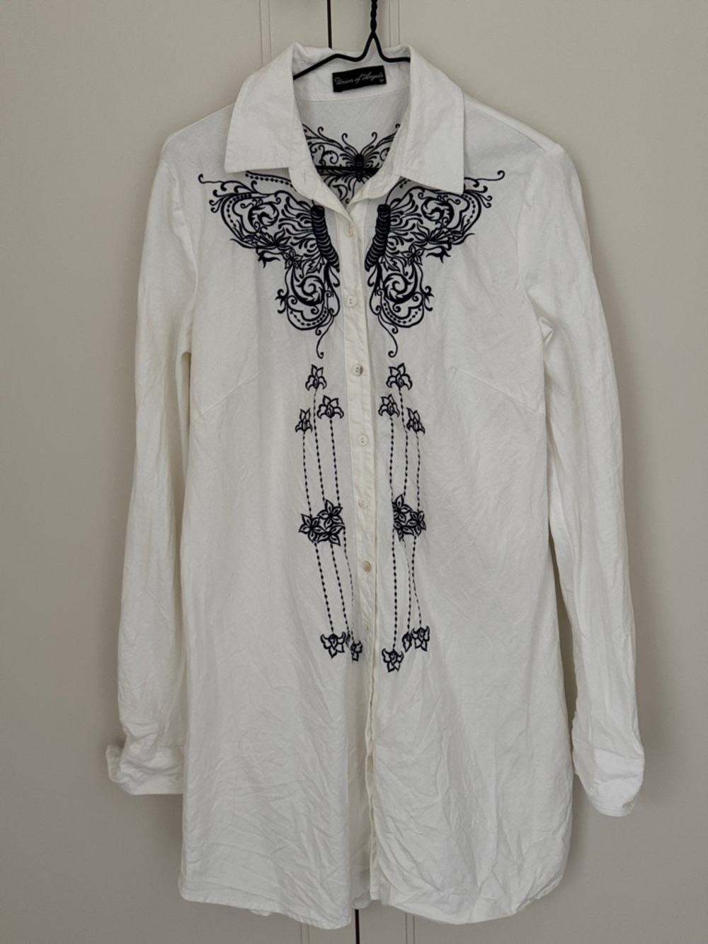 White western Button-Up Shirt mini dress with navy Embroidered Detail